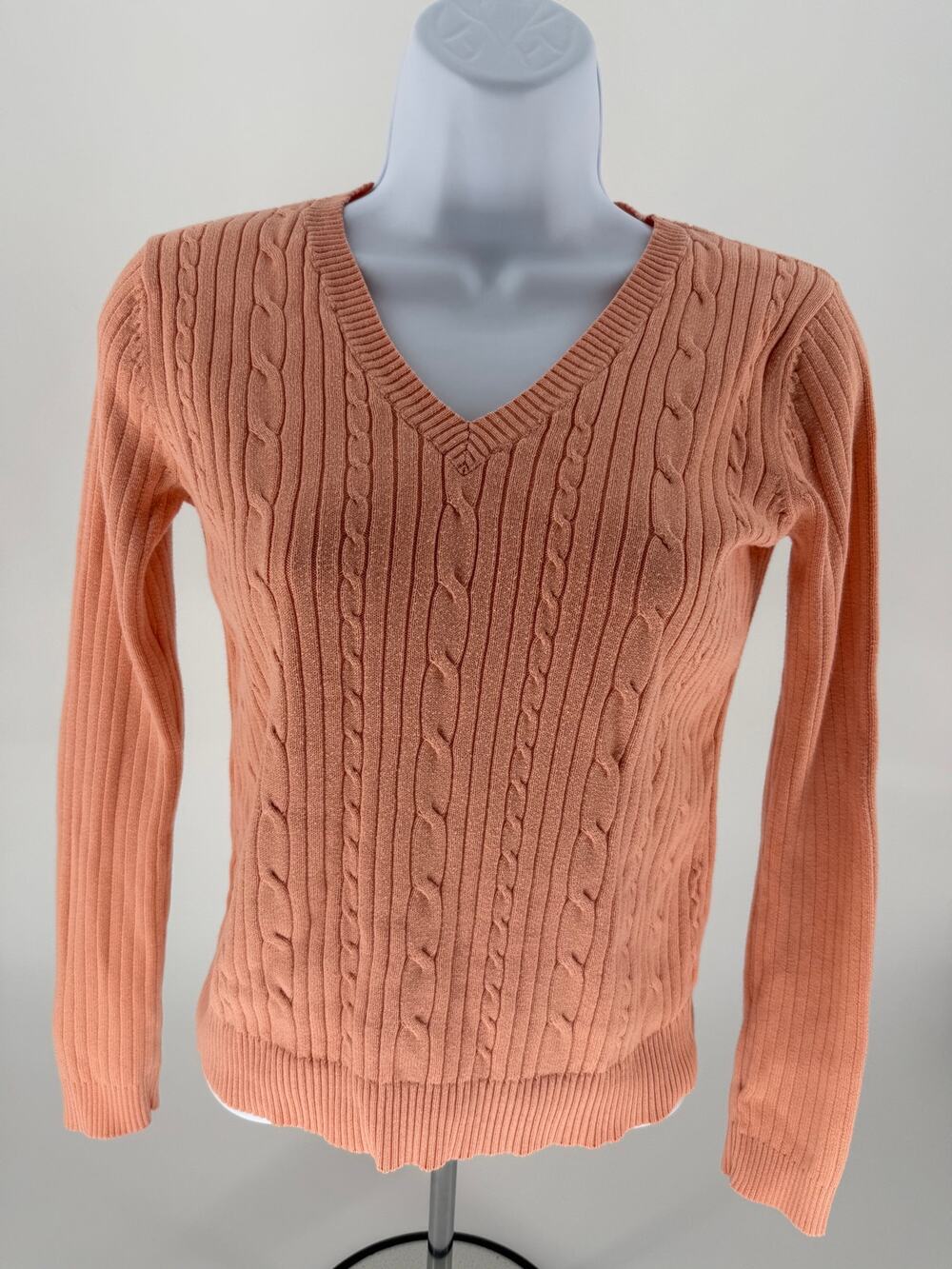 Bass Womens XS 100% Cotton Cable Knit V Neck Sweater Peach Ribbed Long Sleeve